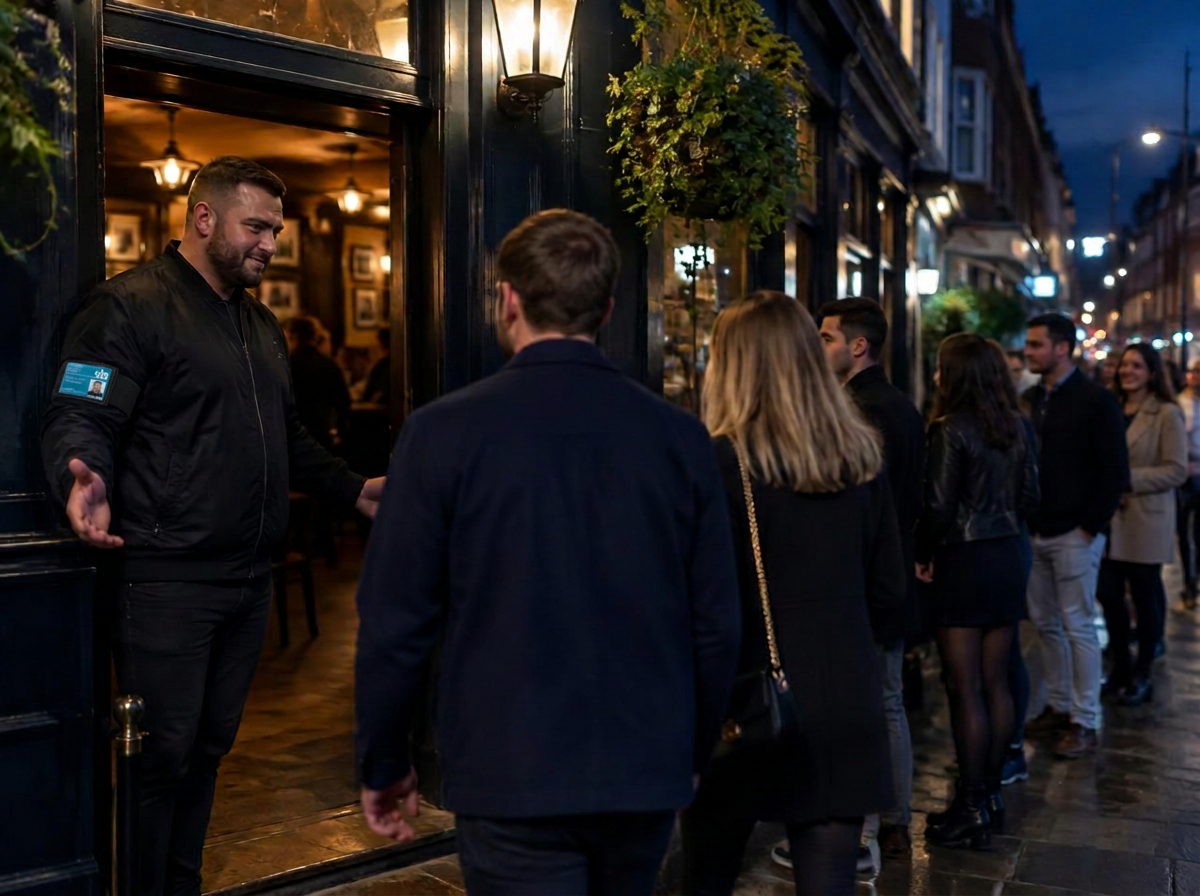 Door supervisor welcoming guests at a pub entrance in the evening