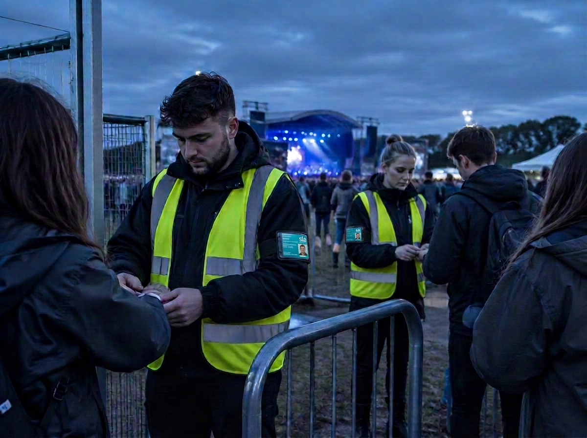 Security staff checking wristbands at a festival entrance
