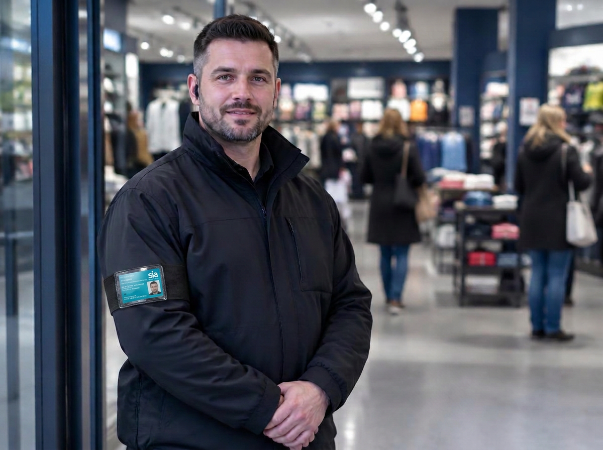 Security officer standing near the entrance of a supermarket